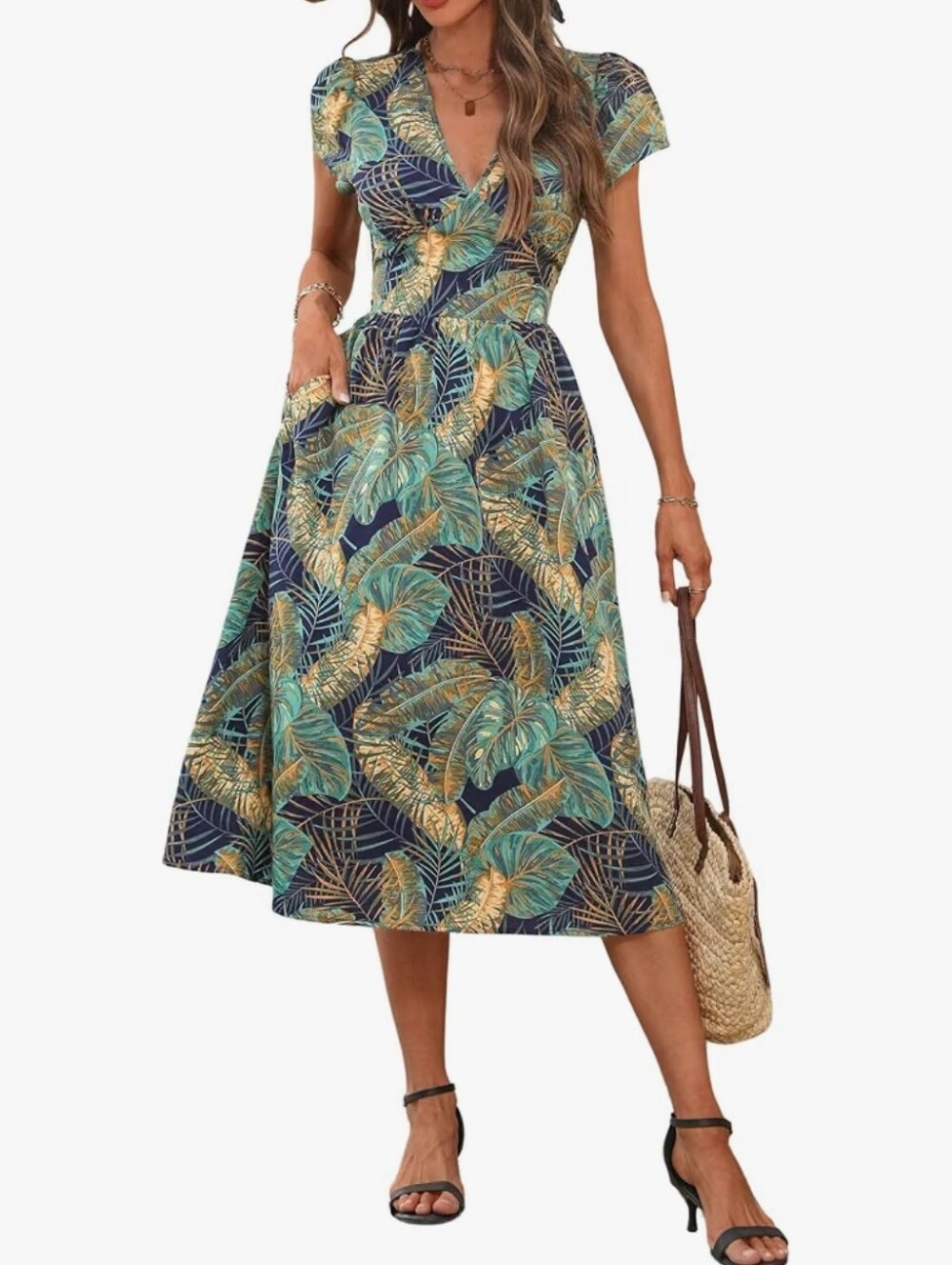 Summer V Neck Puff Short Sleeve Flowy Boho Floral Midi Dress